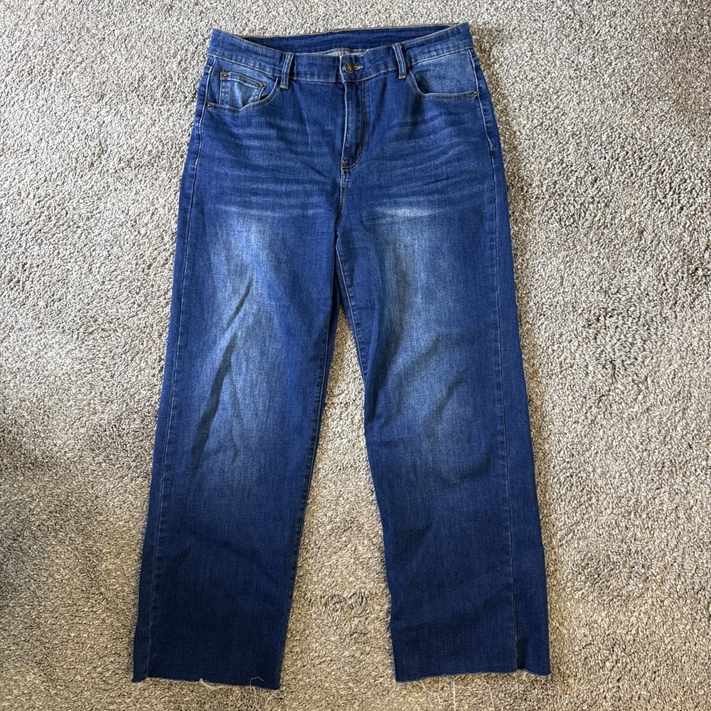 Women's High Rise Relaxed‎ Straight Jeans Blue Stretch Denim Size 14